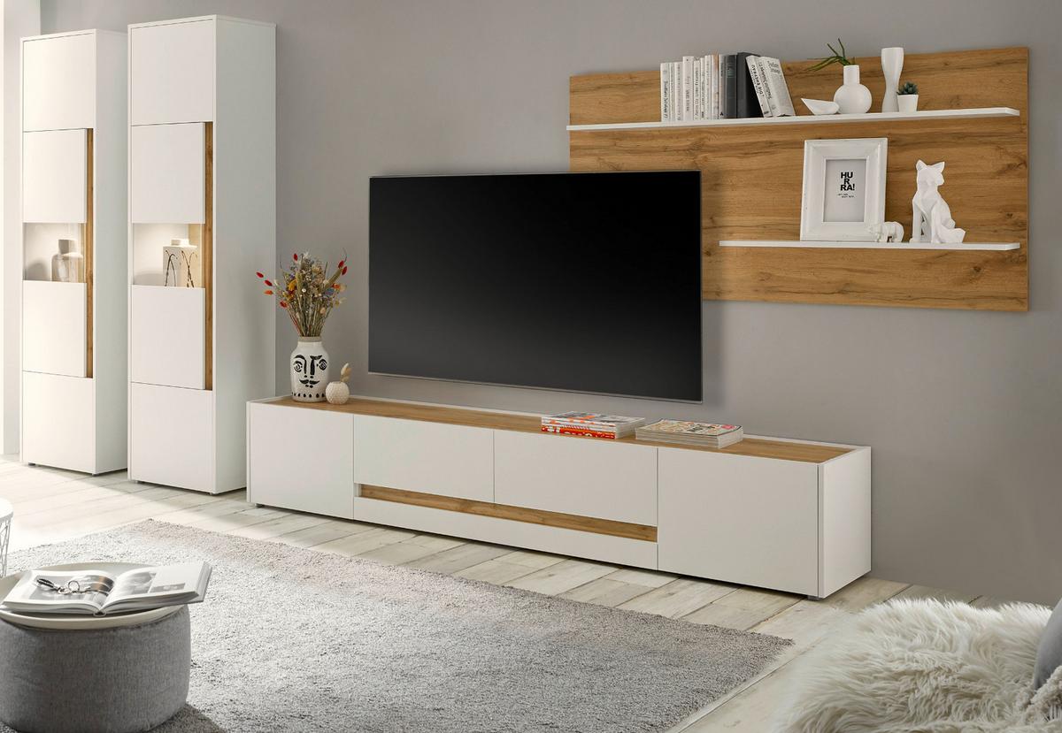 WOHNWAND weiß, Eiche Wotan 4-teilig 400 cm, Schrankwand mit viel Stauraum - Schwarz/Weiß, Glas/Holz (400/197/45cm) - Furn.Design
