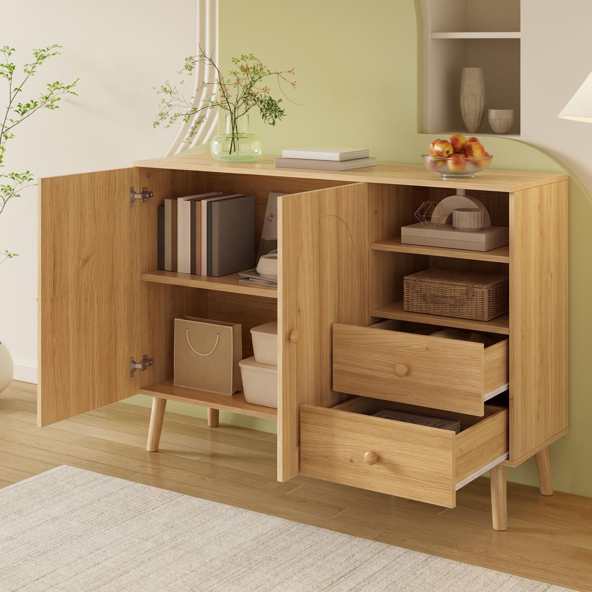 SIDEBOARD 118cm mit gewölbten Türen, 2 Schubladen, für Wohnzimmer - Naturfarben, Holzwerkstoff (118/82/35cm) - Urban Meuble