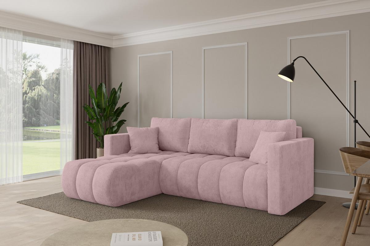 ECKSOFA mit Schlaffunktion Ottomane Links GARD-L 226x146x85 Rosa Cord - Schwarz/Rosa, Holzwerkstoff/Kunststoff (226/146cm) - ALTDECOR