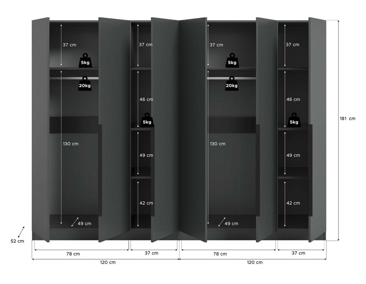 KLEIDERSCHRANK grau 6-türig 240 x 181 cm, Drehtürenschrank mit Kleiderstange - Schwarz/Grau, Holzwerkstoff/Kunststoff (240/181/52cm) - Inn.Furn