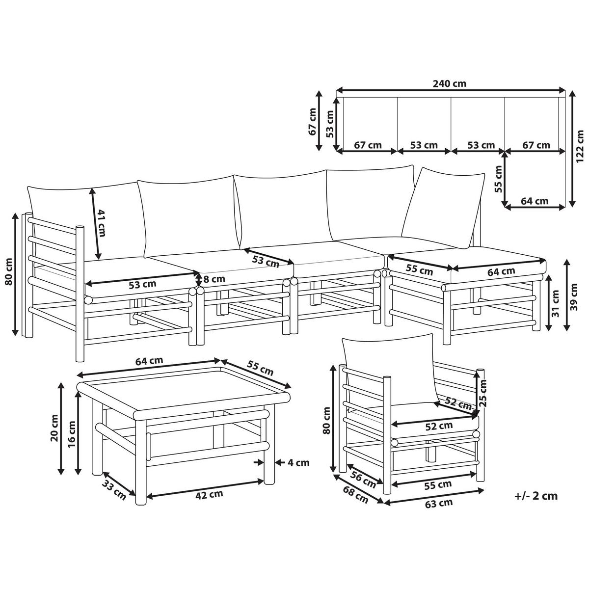 LOUNGE SET 6-Sitzer Bambusholz hellbraun 4-teilig Auflagen cremeweiß Cerreto - Creme, Holz - Beliani