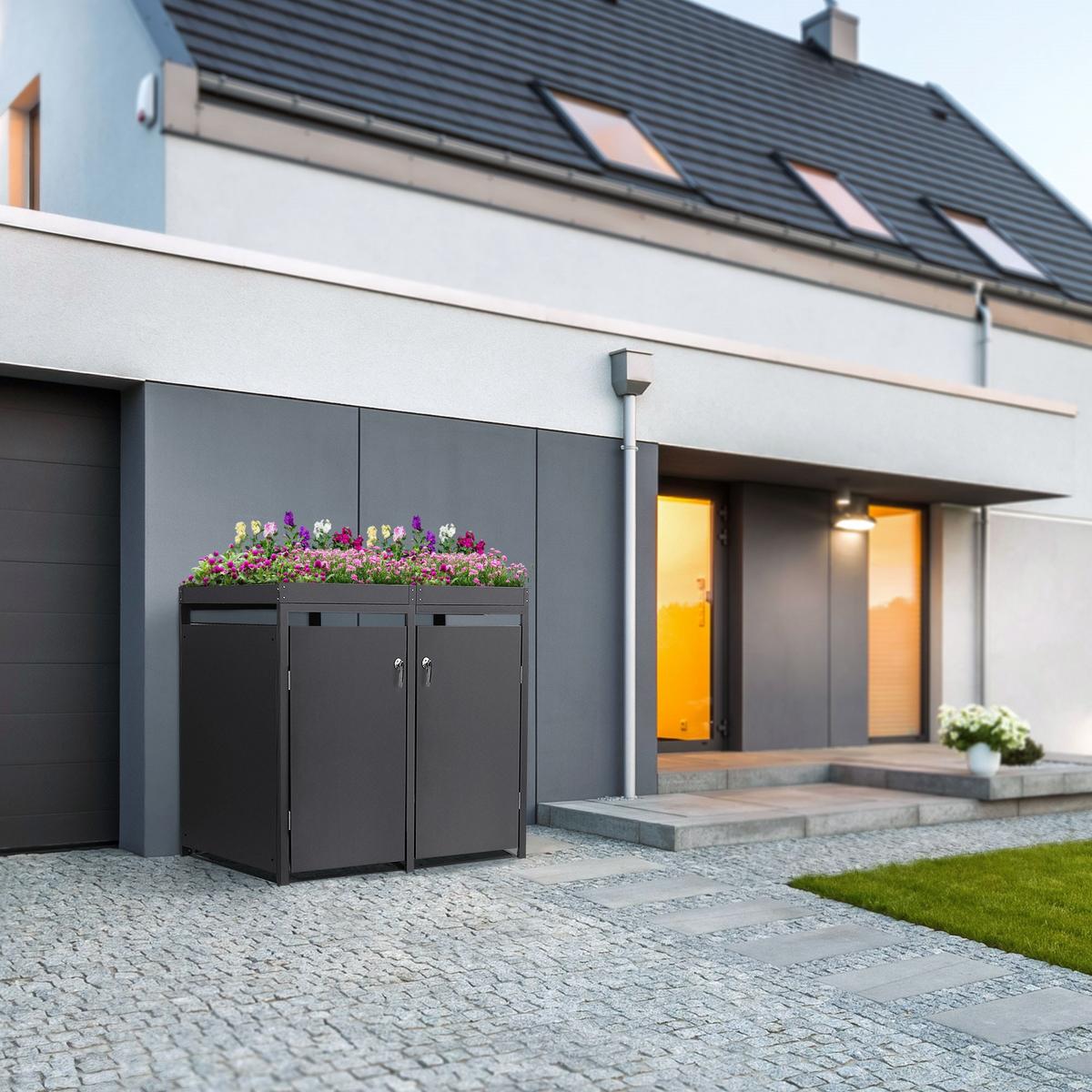MÜLLTONNENBOX 2er mit Pflanzdach Anthrazit - Anthrazit, Metall (132/124/80cm) - ML-DESIGN