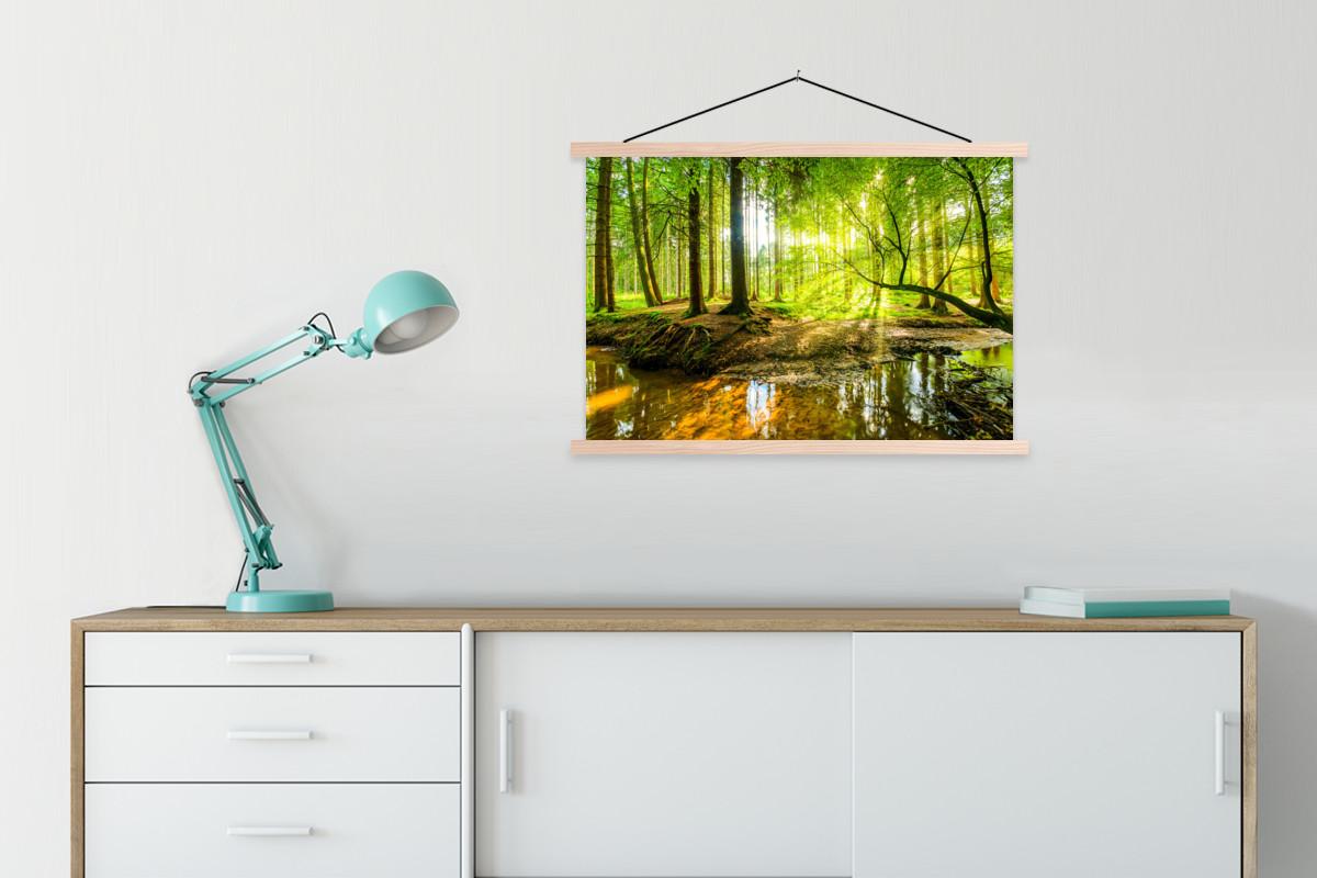 POSTER MIT MAGNETLEISTEN Wald - Landschaft - Wasser - Bäume - Sonne - Grün - Natur Wanddeko 90x60 cm - Grün, Textil (90/60/0.15cm) - MuchoWow