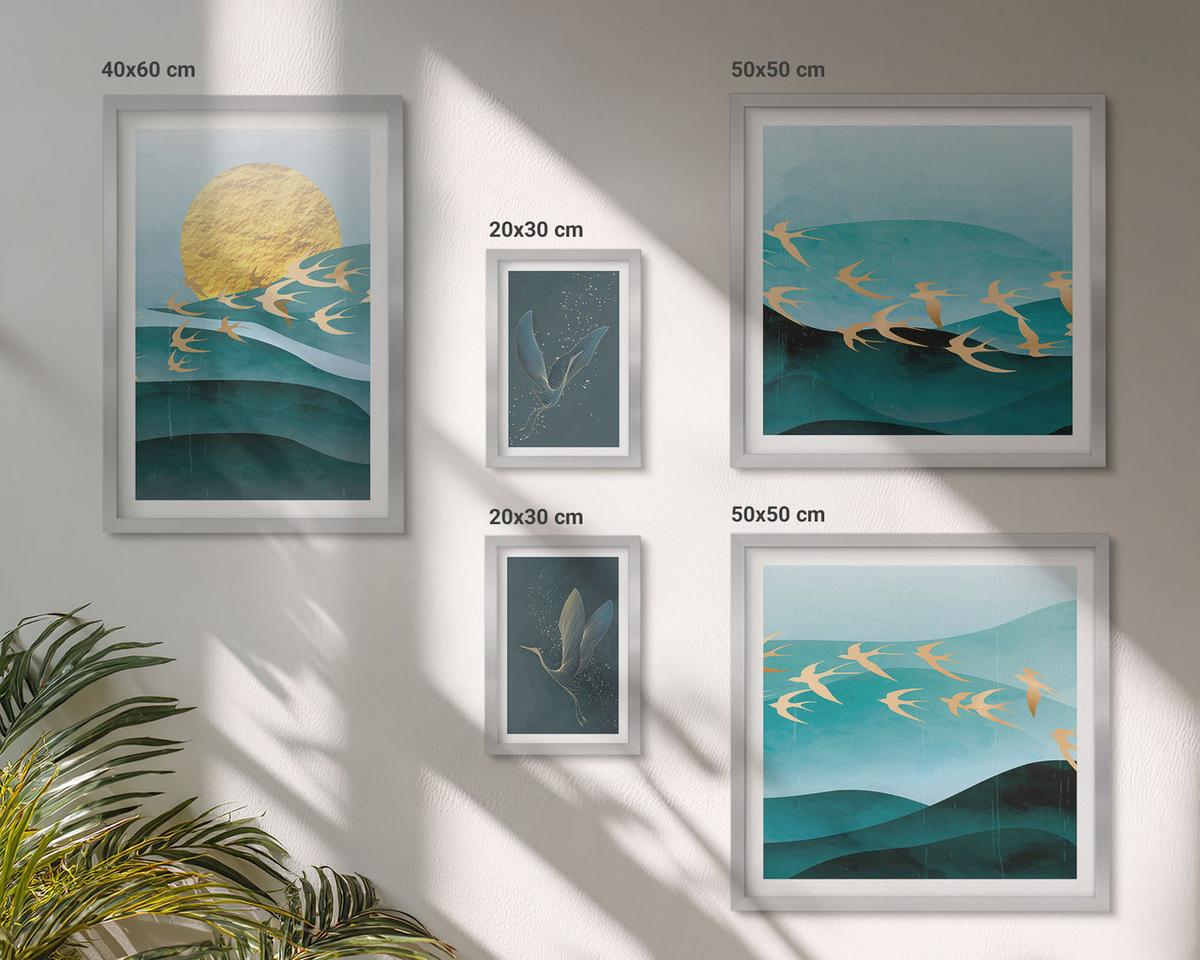 BILDER SET 5er Set - 50x50 cm & 20x30 cm & 40x60 cm Silberner Rahmen - Stilvolle Landschaften mit Vögeln - Silberfarben, Kunststoff (40/60cm) - TULUP