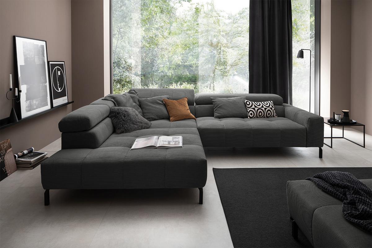 ECKSOFA OHIO Anthrazit Cord - Anthrazit/Schwarz, Textil/Metall (311/219cm) - KAWOLA