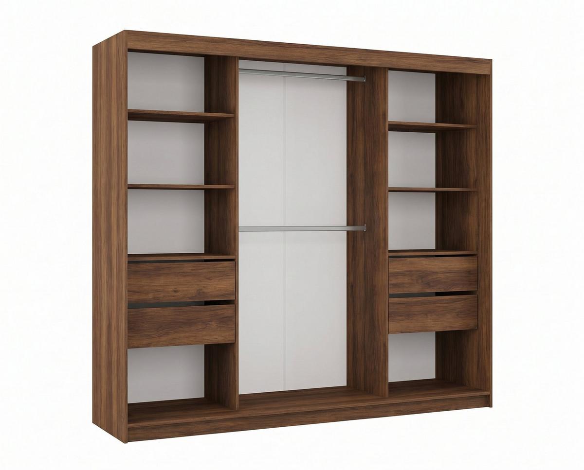 SCHWEBETÜRENSCHRANK BELLINA 240/216/61 cm Modern Kleiderschrank 3-türig mit Spiegel Nussbaumfarben - Nussbaumfarben, Holzwerkstoff (240/216/61cm) - MASSENO