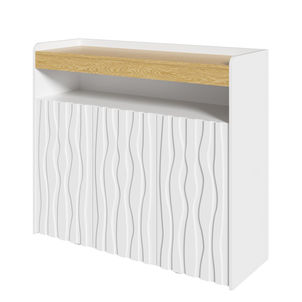 SIDEBOARD Weiß & Natur mit LED-Beleuchtung 3 Türen Wellenmuster Schuhschrank - Weiß, Holzwerkstoff (105/90.5/35cm) - Urban Meuble