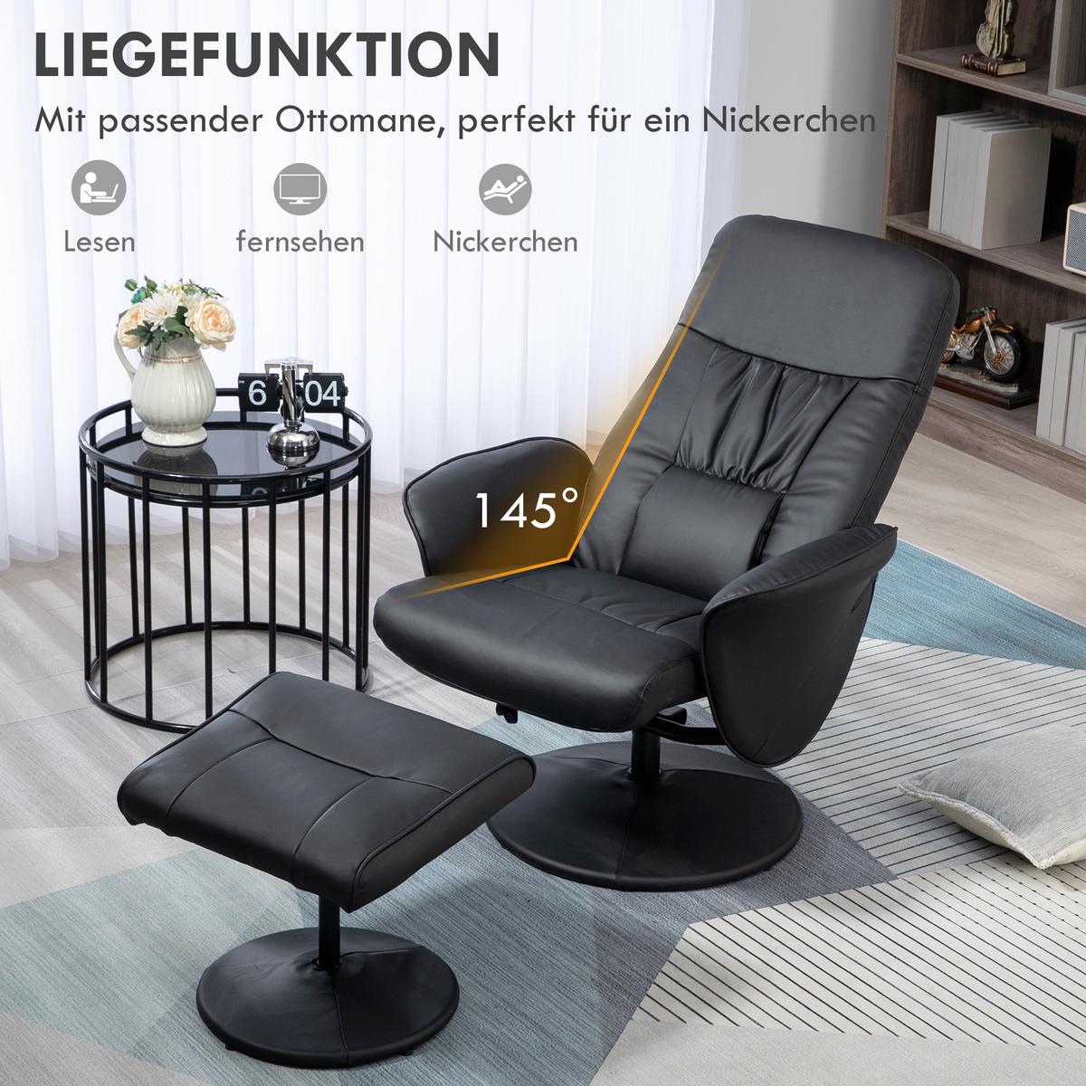 RELAXSESSEL mit Hocker, Fernsehsessel, TV Sessel mit Liegefunktion, Kunstleder - Schwarz, Metall (76/101/81cm) - HOMCOM