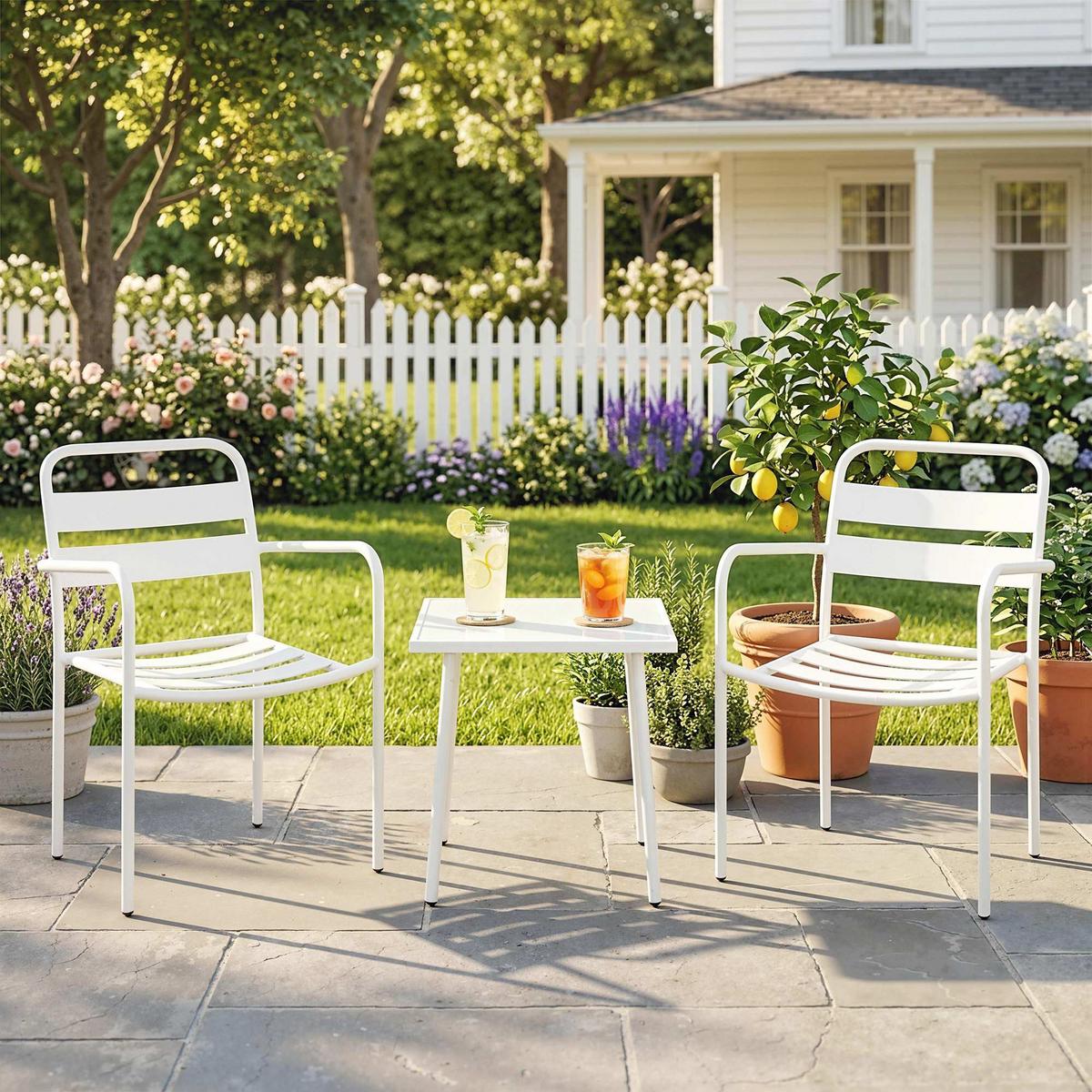 BISTRO-SET 3er Set Galvanisierter-Stahl Gehärtetes-Glas Weiß - Weiß, Metall - Outsunny
