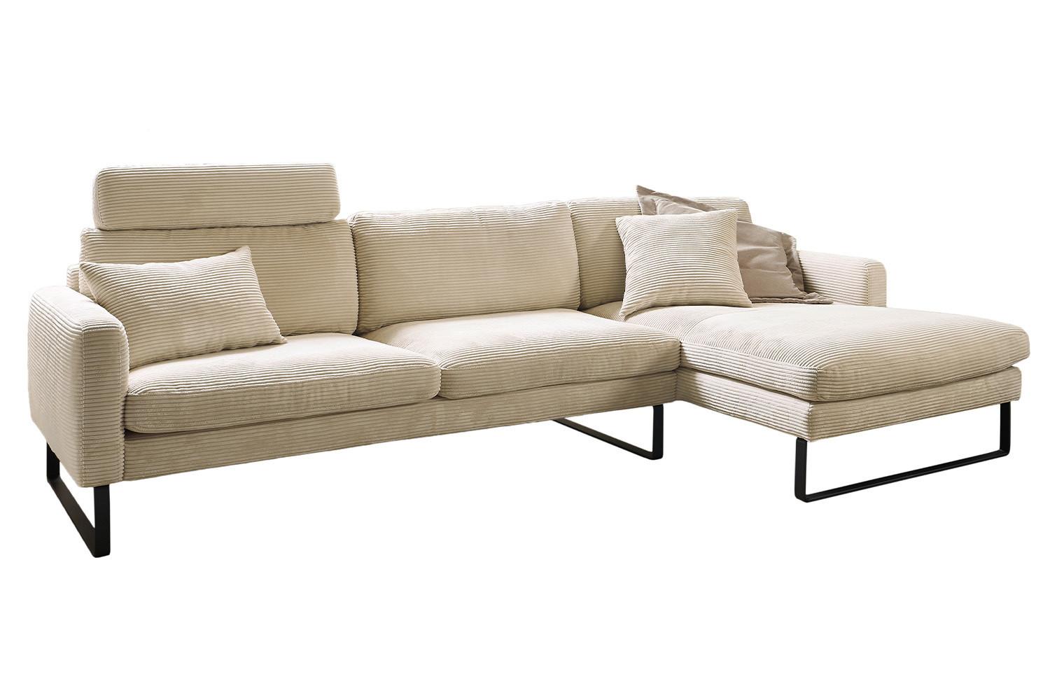 ECKSOFA RICARDA Cremeweiß Cord - Creme/Schwarz, Textil/Metall (298/154cm) - KAWOLA