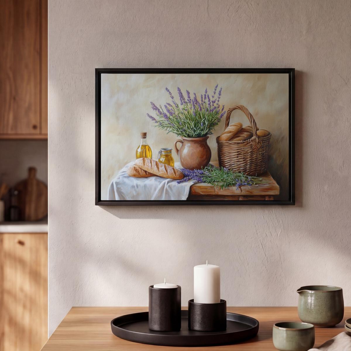 LEINWAND Bilder mit Rahmen - Lavendel - Brot - Stilleben - 30x20 - Flieder, Textil (30/20cm) - MuchoWow