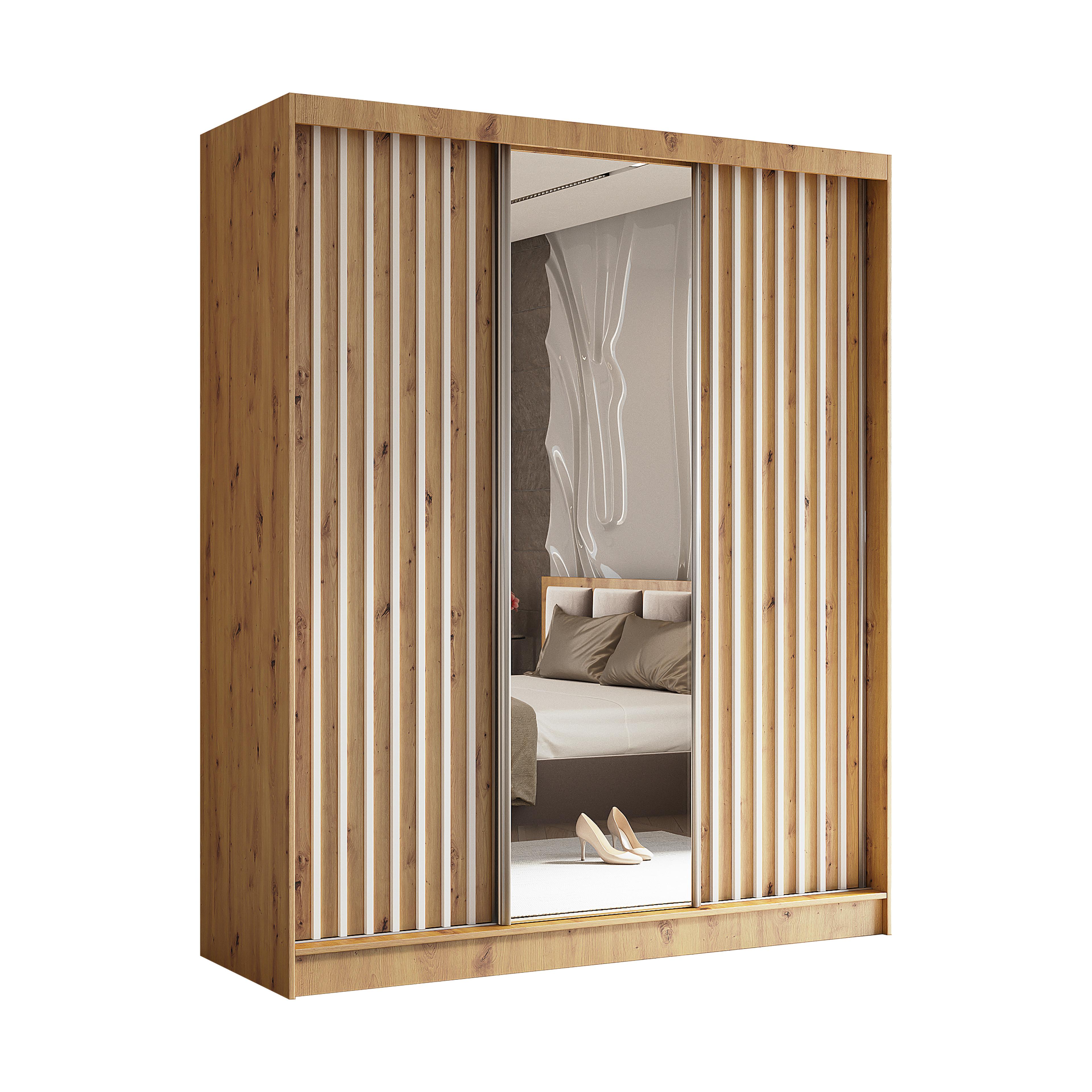 SCHWEBETÜRENSCHRANK Cabinio Eiche Artisan Weiß 180/216/61 cm – mit Spiegel und Lamellen - Walnussfarben/Weiß, Holzwerkstoff/Kunststoff (180/216/61cm) - AX Living