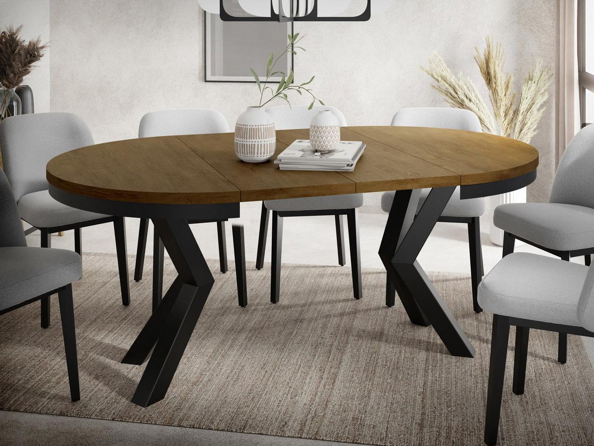 ESSTISCH Clara runder ausziehbarer, Eiche Braun Rustikal 100-180/100/76 cm - Alteiche/Schwarz, Holzwerkstoff/Metall (100/180/76cm) - WFL GROUP