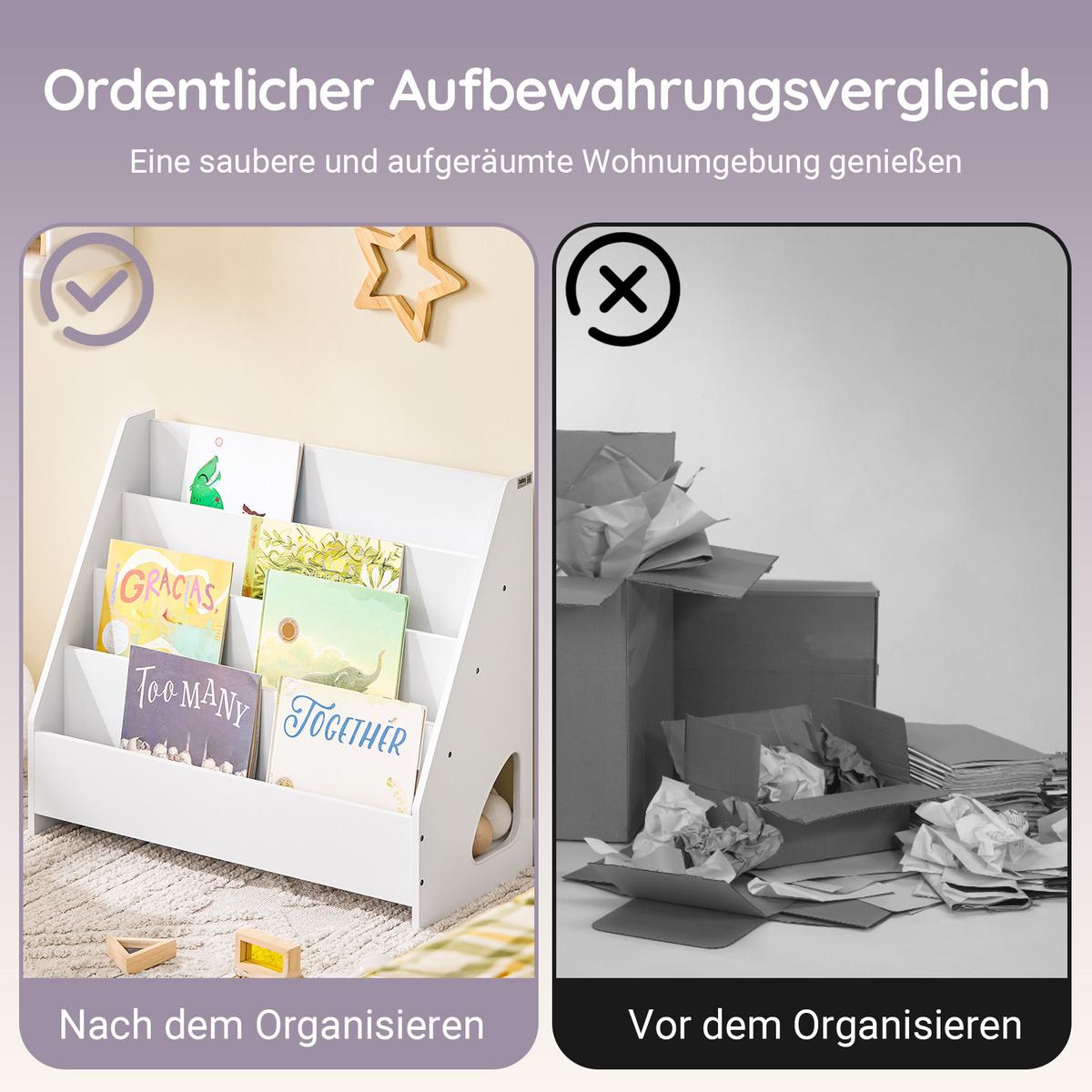 KINDER-BÜCHERREGAL mit 4 offenen Fächer, Weiß 70x60x30cm - Weiß, Holzwerkstoff (70/60/30cm) - SoBuy