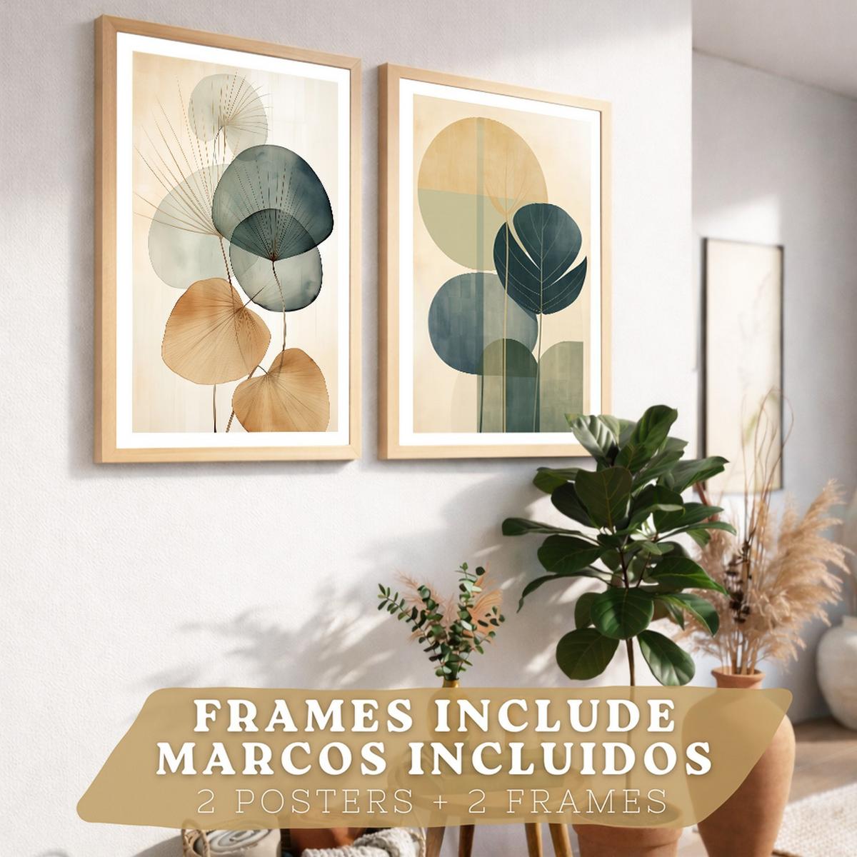 POSTER 2er Bilder-Set Wandbilder Geometrische Blumen modern Wohnzimmer Deko, Schlafzimmer, Küche, Badezimmer Leichter Holzrahmen A4 - Beige, Papier (29.7/1/21cm) - Nacnic