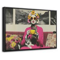 LEINWAND Bilder mit Rahmen - Frau - Katze - Blumen - Tasse - Retro - 30x20 - Magenta, Textil (30/20cm) - MuchoWow