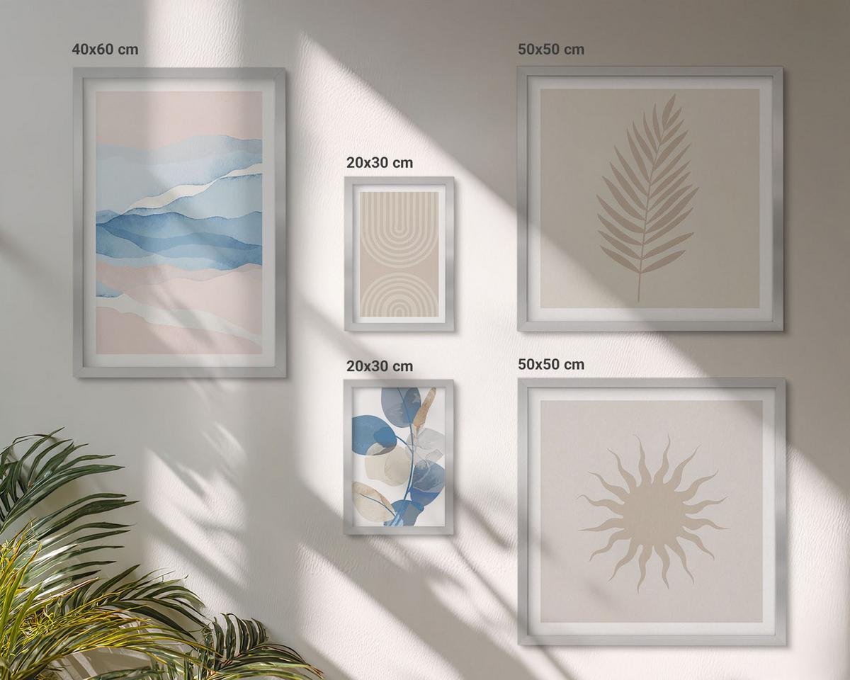 BILDER SET 5er Set - 50x50 cm & 20x30 cm & 40x60 cm Silberner Rahmen - Abstrakte Linien der Sonnenwellen - Silberfarben, Kunststoff (40/60cm) - TULUP
