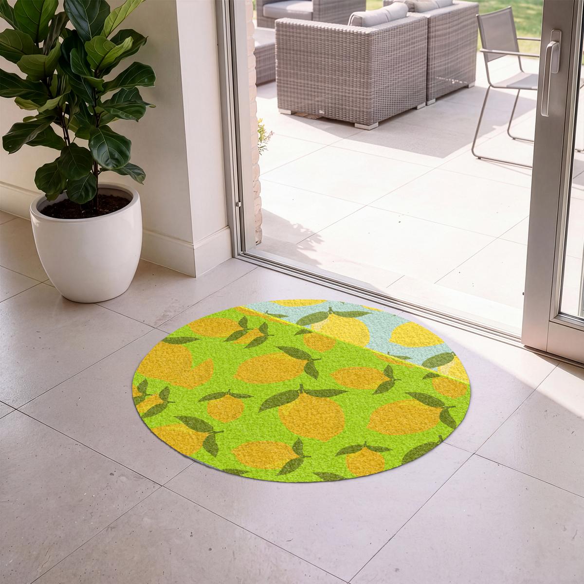 FUSSMATTE Muster Zitronen - Gelb - Blau - Muster - Früchte Flurteppich 90x90 cm - Gelb, Kunststoff (90/0.4cm) - MuchoWow