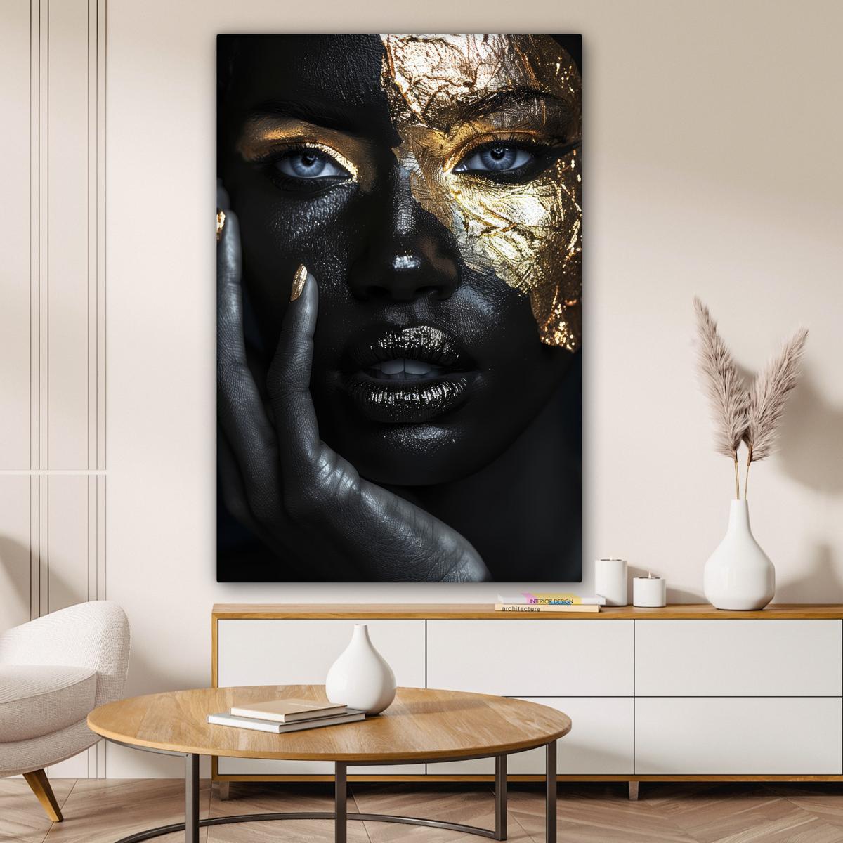 LEINWANDBILD Frau - Gold - Porträt - Schwarz-Weiß - Luxus Deko Groß 90x140 cm - Hellblau, Textil (90/140cm) - MuchoWow