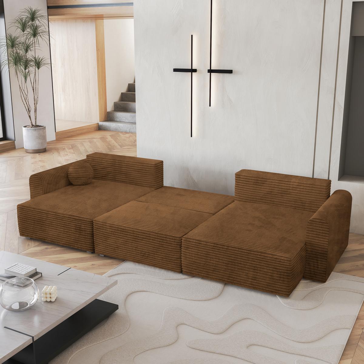 WOHNLANDSCHAFT FENTO Kupferfarben Kordstoff mit Schlaffunktion - Kupferfarben, Holz (347/90/148cm) - MASSENO