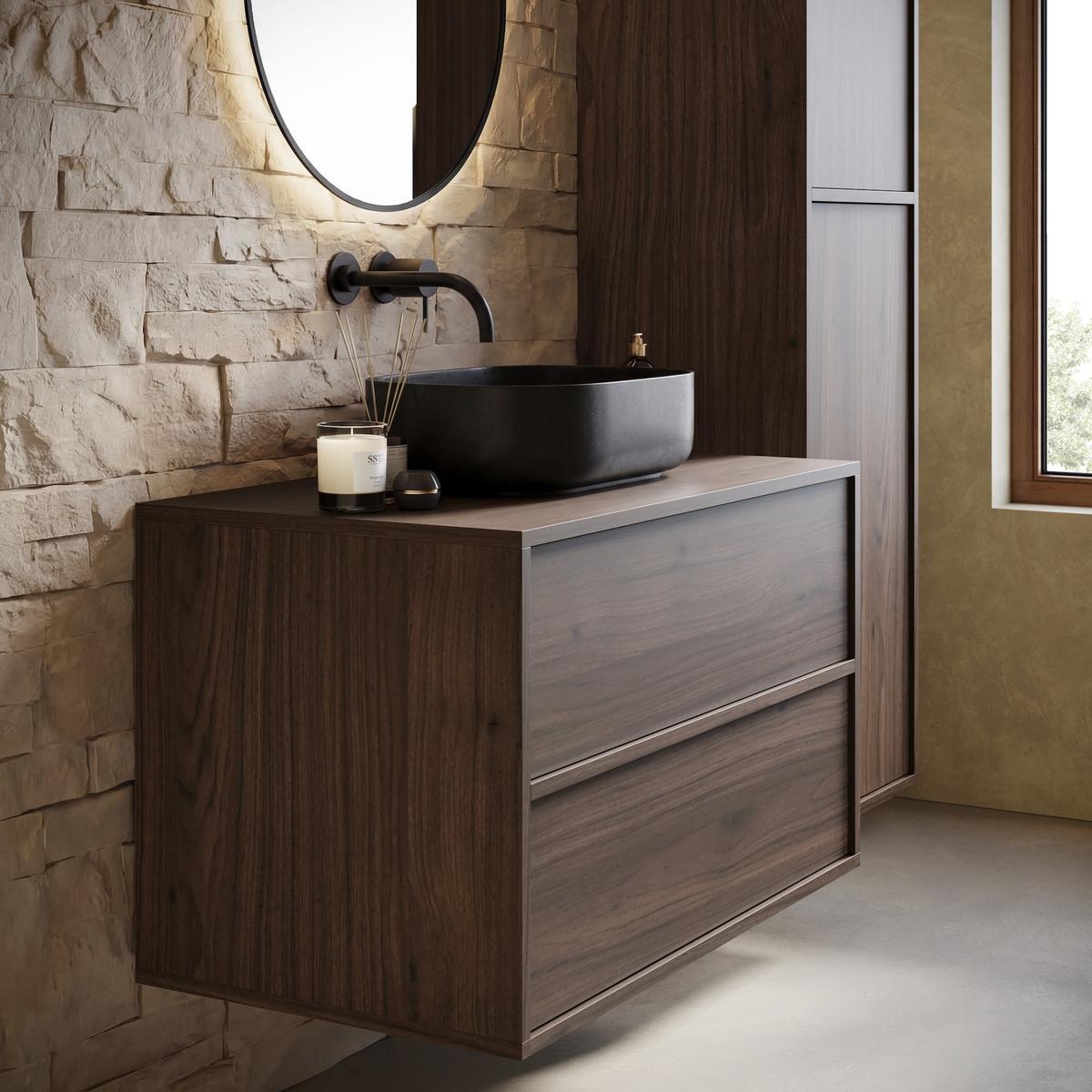 BADMÖBEL-SET Mali 80 cm Walnuss Braun - mit Hochschrank - 80 x 46 x 49 cm - Eichefarben/Walnussfarben, Holz (80/49/46cm) - Badplaats