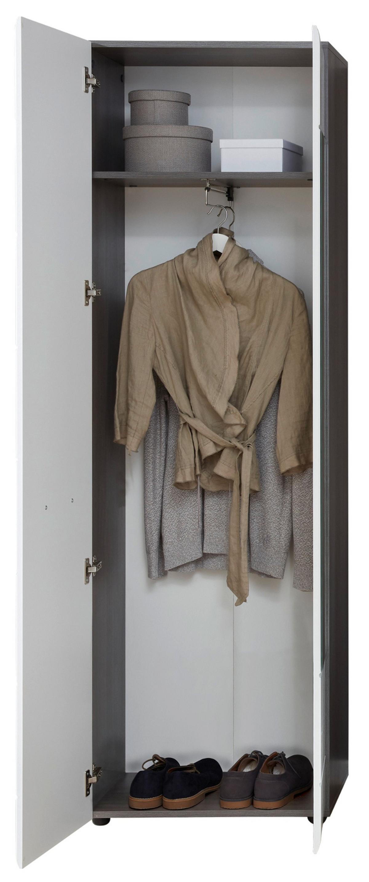 GARDEROBENSCHRANK weiß Hochglanz, grau 60 x 191 cm, Flurschrank mit Spiegel - Weiß Hochglanz/Silberfarben, Glas/Holzwerkstoff (60/191/35cm) - Top.Furn