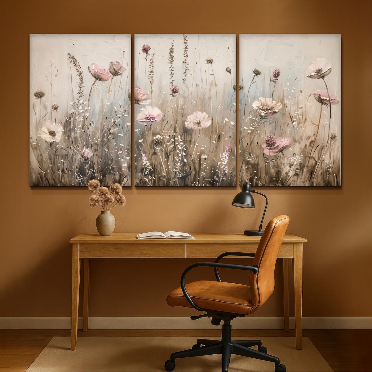 LEINWANDBILD 3er Set Blumen - Beige - Modern - Rosa 240x120 cm - Ecru, Textil (240/120cm) - MuchoWow