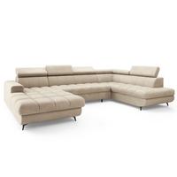 WOHNLANDSCHAFT CORENO Creme Boucle-Stoff mit Schlaffunktion - Creme, Holz (345/88/190cm) - MASSENO