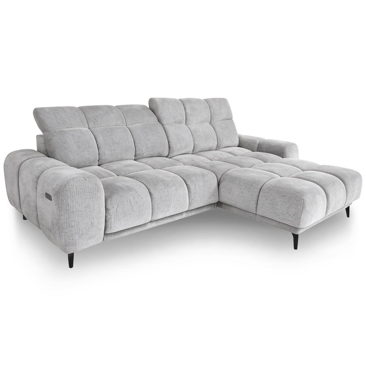 ECKSOFA Marco Mini mit elektrisch ausfahrbarem Sitz und verstellbaren Kopfstützen, Rechts, Chenille-Stoff, Hellgrau - Hellgrau/Schwarz, Textil (275/182cm) - Beautysofa