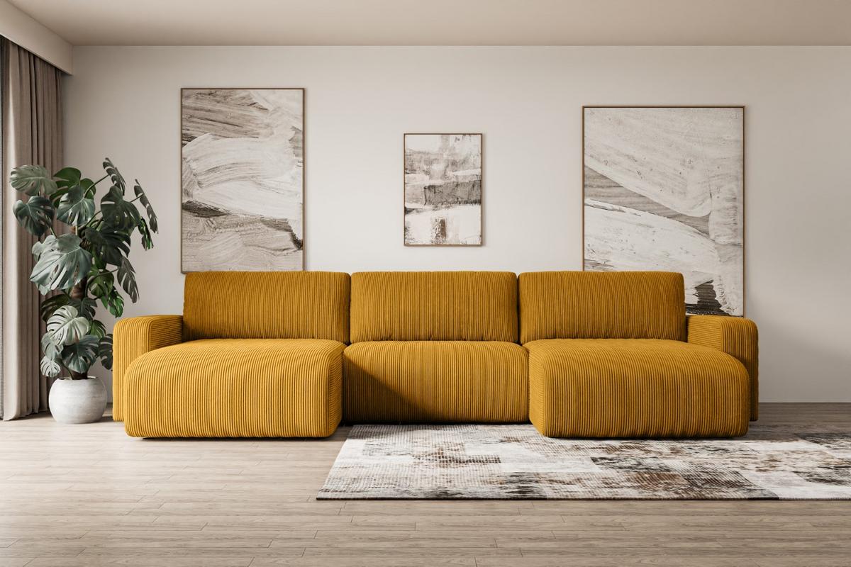 WOHNLANDSCHAFT mit Schlaffunktion und Bettkasten KLEEA-U - 347x143x83 cm Senfgelb Cord - Gelb/Schwarz, Holzwerkstoff/Kunststoff (347/83/143cm) - ALTDECOR
