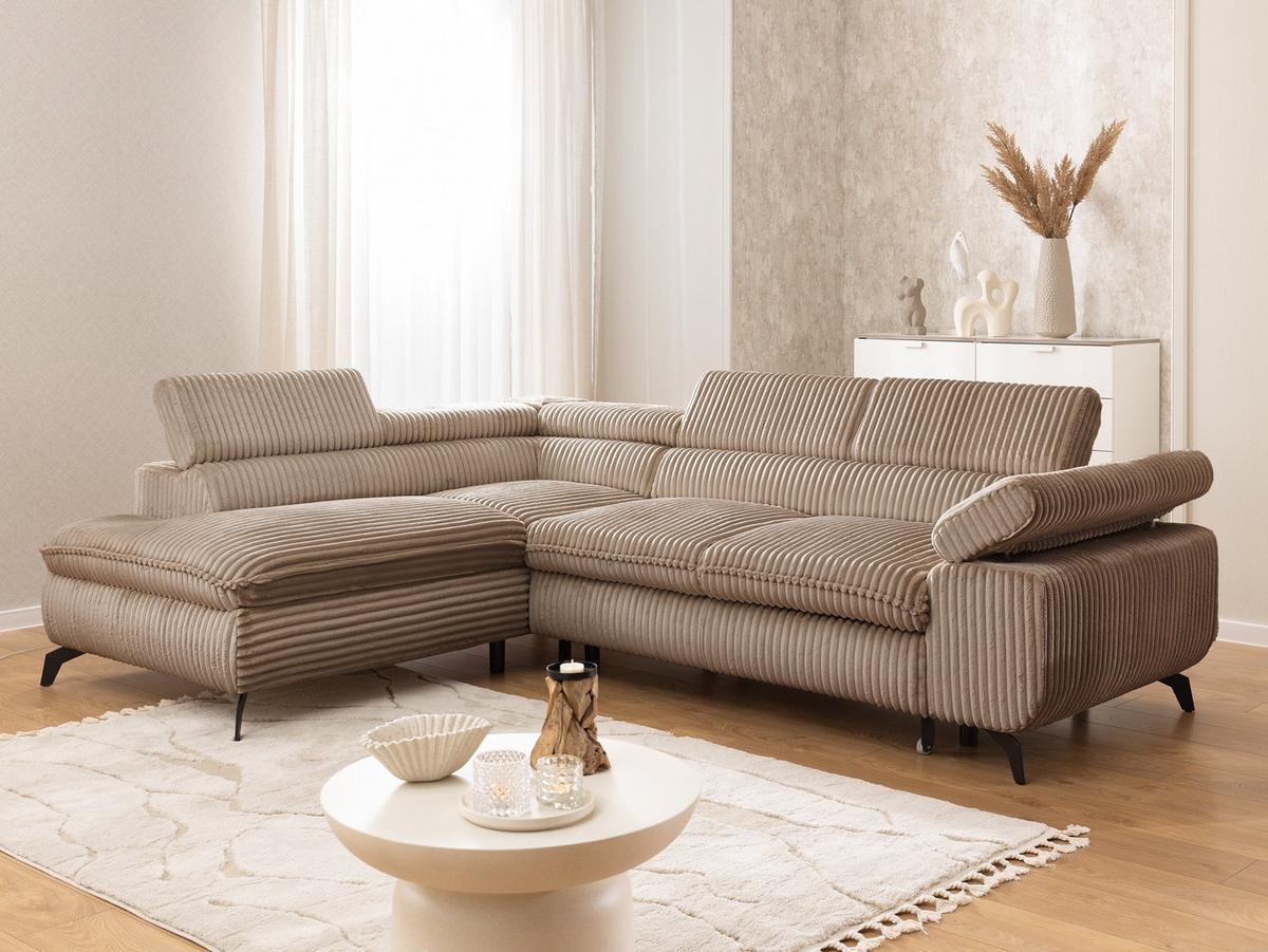 ECKSOFA mit Schlaffunktion und Bettkasten Bonnie aus Beige Cord-Stoff mit verstellbaren Kopfstützen und Armlehne - Ottomane links - Beige/Schwarz, Holz/Textil (275/210cm) - S-Style Möbel