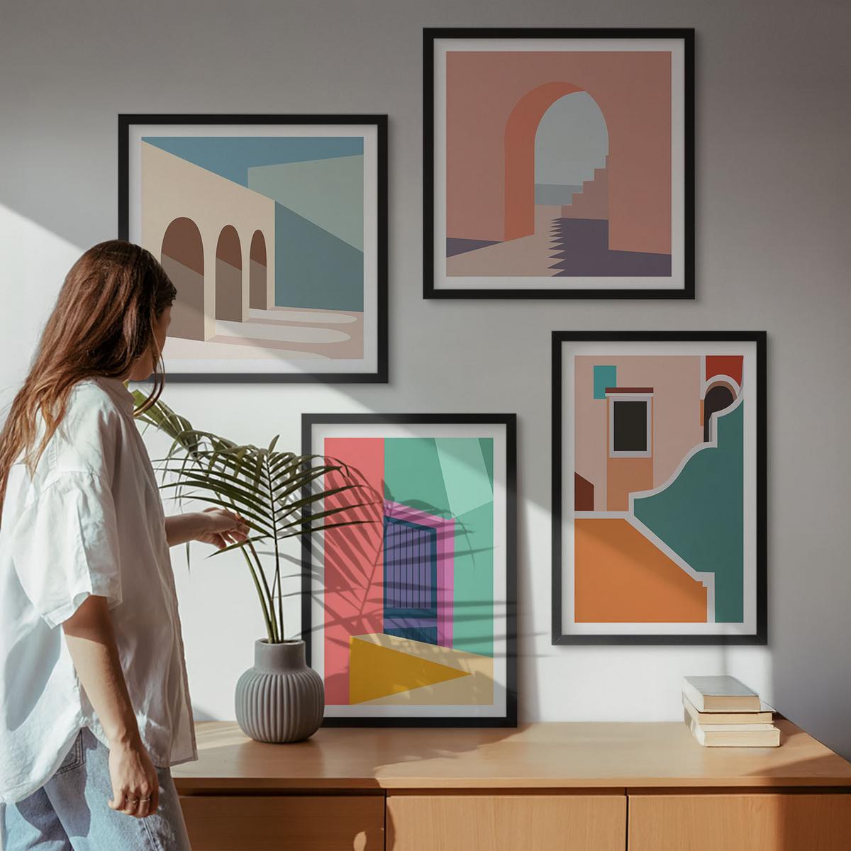BILDER SET 4er Set - 50x50 cm & 40x60 cm Schwarzer Rahmen - Farbenfrohe Illustrationen der Stadt - Schwarz, Kunststoff (50/50cm) - TULUP