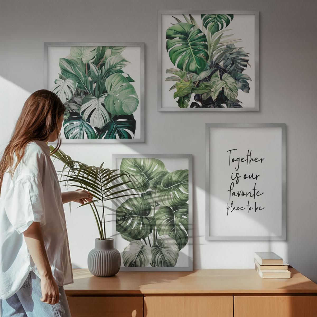 BILDER SET 4er Set - 50x50 cm & 40x60 cm Silberner Rahmen - Dekoration aus grünen tropischen Blättern - Silberfarben, Kunststoff (50/50cm) - TULUP