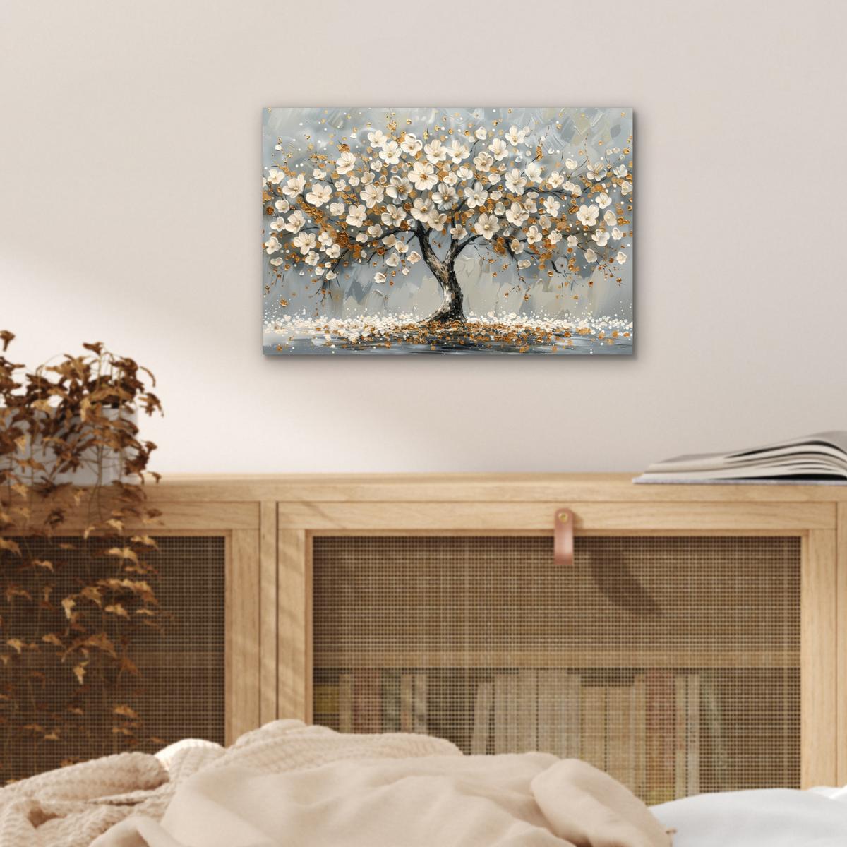 METALLBILD Baum - Blumen - Weiß - Natur - Kunst 30x20 cm - Weiß, Metall (30/20cm) - MuchoWow