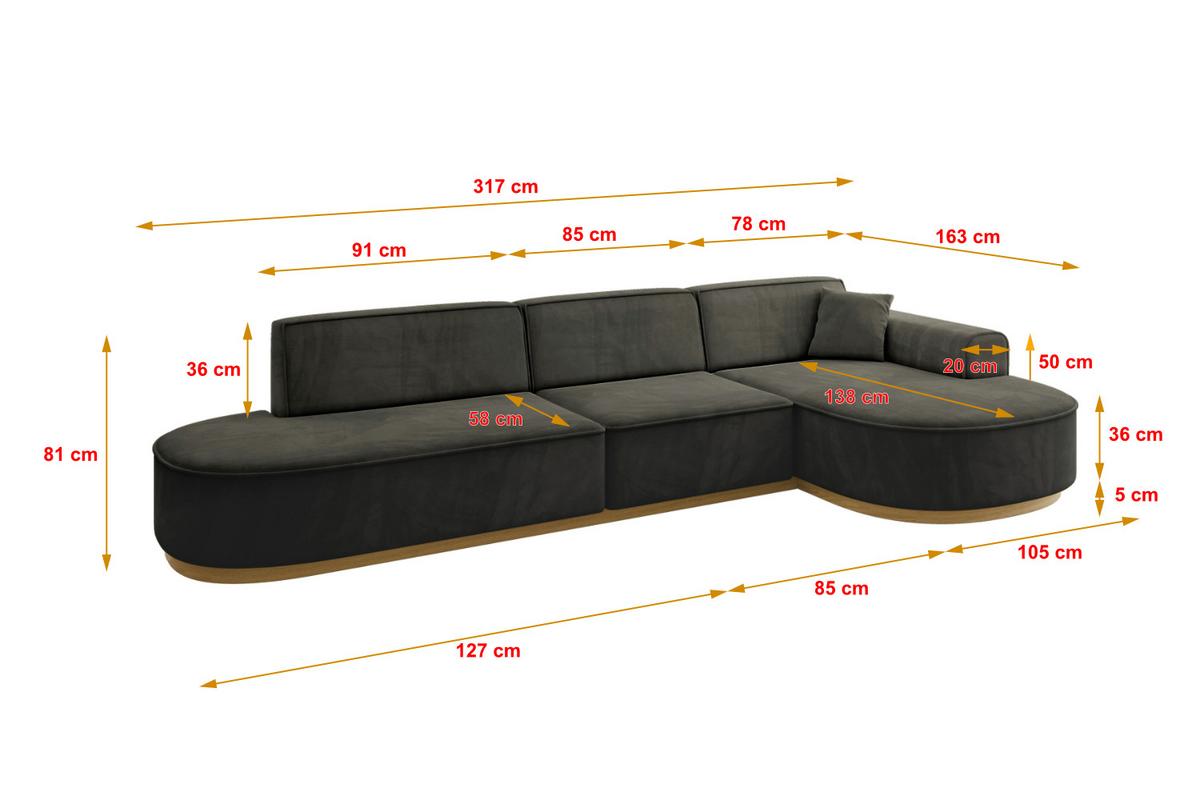 ECKSOFA Ottomane Rechts MARI-L2-v2 - 328x171x83 cm Schwarz Velours - Schwarz, Holzwerkstoff/Textil (171/328cm) - ALTDECOR