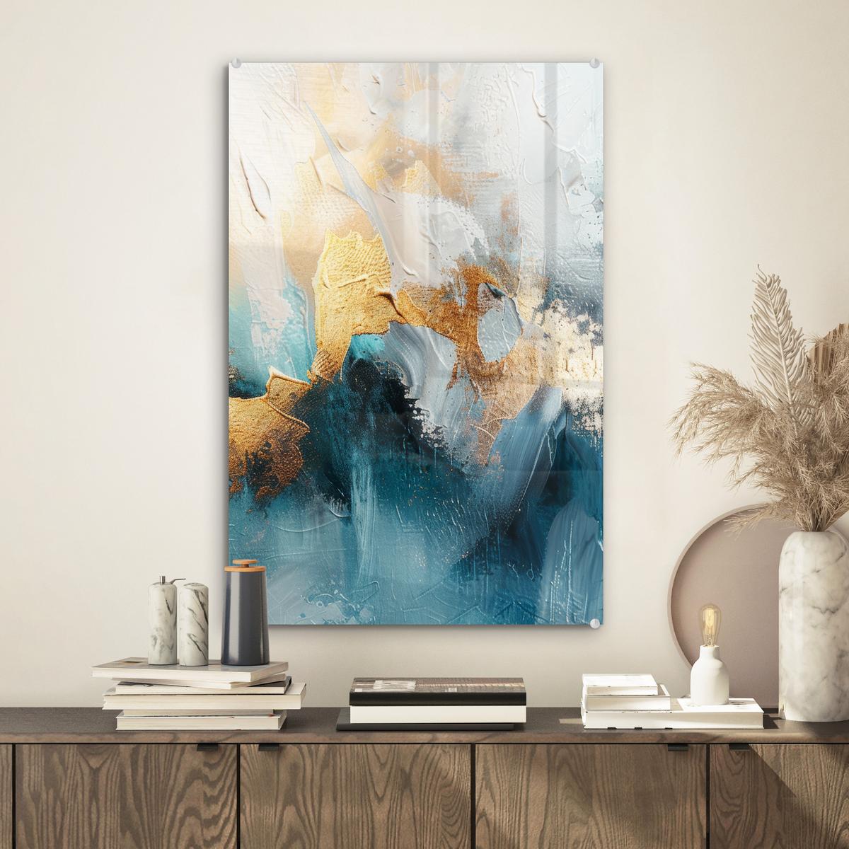 ACRYLGLASBILD Abstrakt - Kunst - Gold - Blau Wanddeko Wohnzimmer 40x60 cm - Petrol, Glas (40/60cm) - MuchoWow