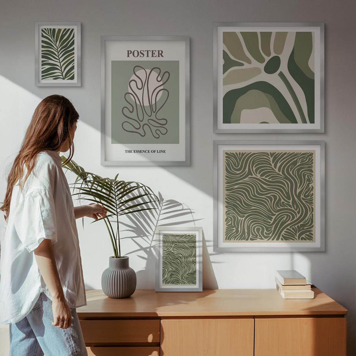 BILDER SET 5er Set - 50x50 cm & 20x30 cm & 40x60 cm Silberner Rahmen - Blattmuster und wellenförmige Formen - Silberfarben, Kunststoff (40/60cm) - TULUP