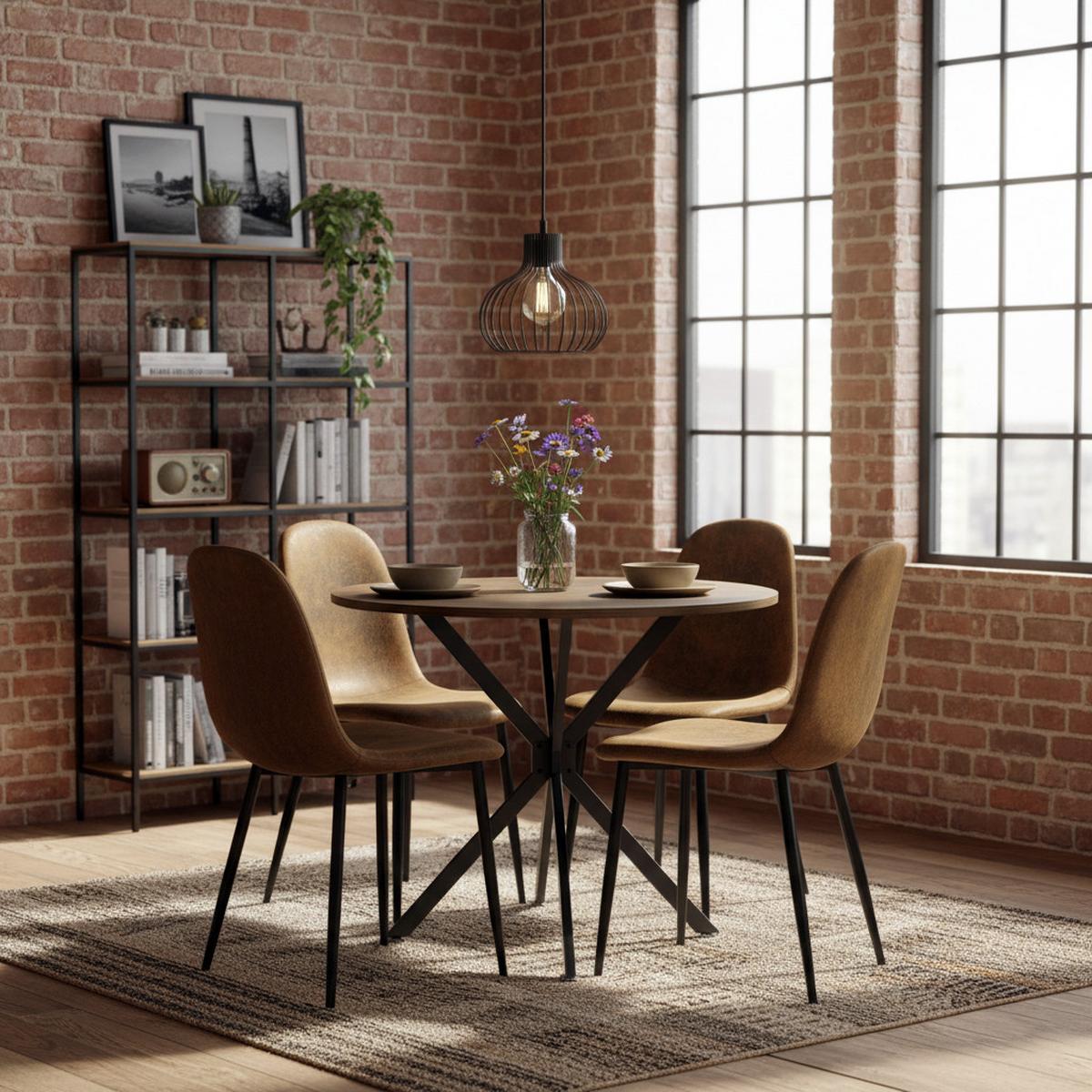 TISCHGRUPPE 5-teilig Runder Esstisch Ø 90 cm in Holzoptik & 4 Stühle Vintage-Braun - Dunkelbraun/Schwarz, Holzwerkstoff/Textil (90/78/90cm) - Urban Meuble
