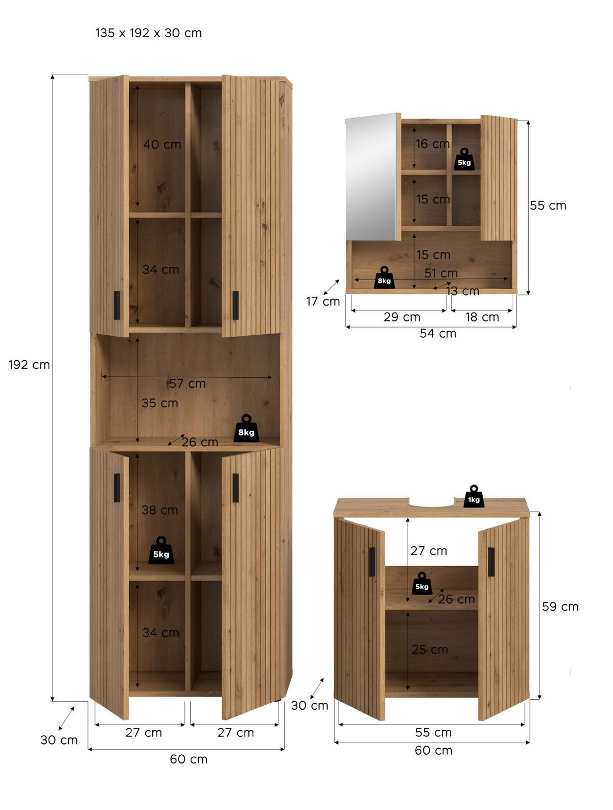 BADMÖBEL-SET Eiche 3-teilig 135 cm, Badezimmereinrichtung mit Rillen-Optik - Schwarz/Eiche Artisan, Glas/Holzwerkstoff (135/192/30cm) - Inn.Furn