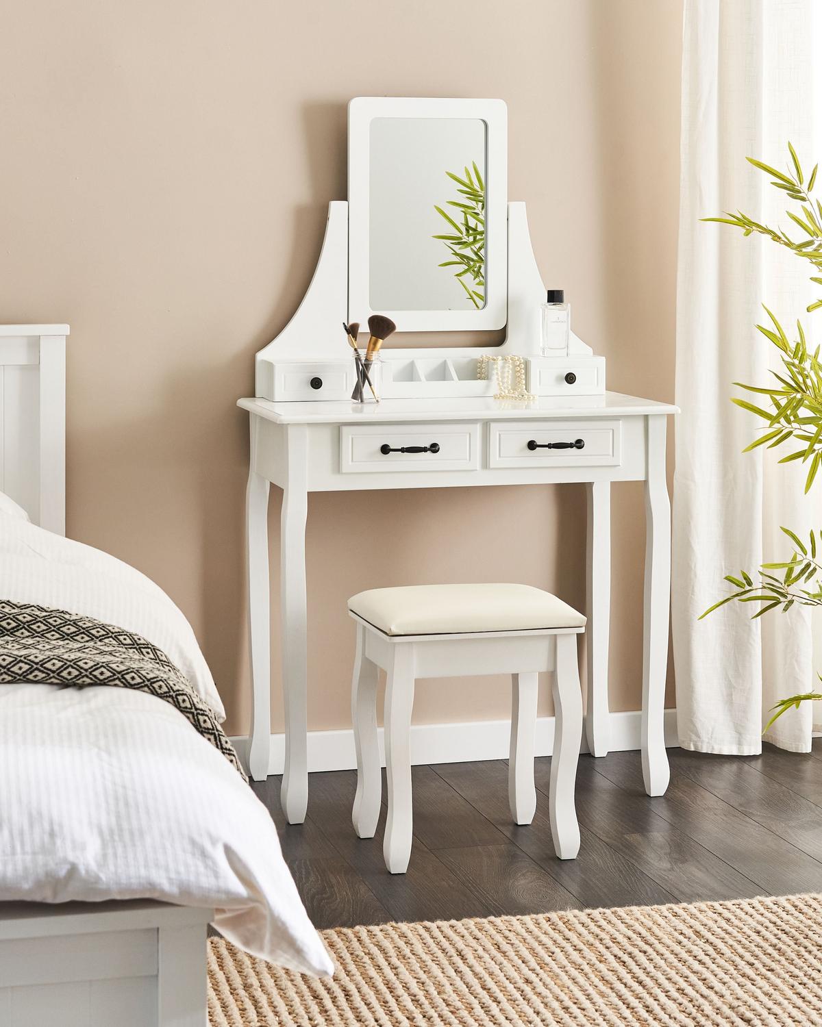 SCHMINKTISCH mit Spiegel und Hocker Weiß Rayon - Weiß, Holzwerkstoff (80/139/40cm) - Beliani