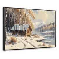 LEINWAND Bilder mit Rahmen - Winter - Schnee - Zuhause - Natur - 90x60 - Hellbraun, Textil (90/60cm) - MuchoWow
