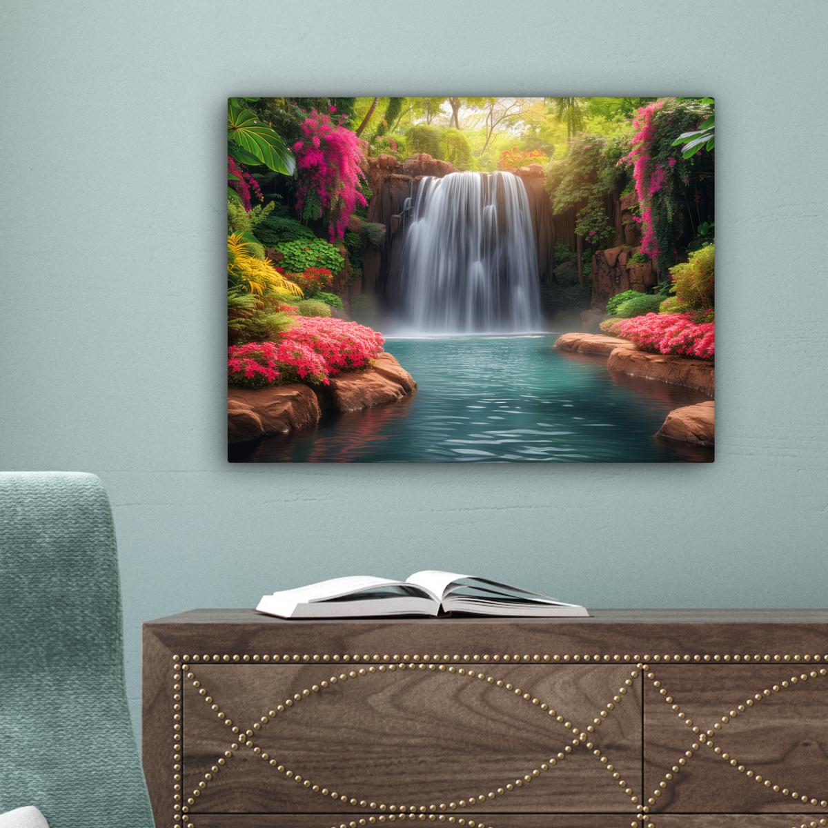 LEINWANDBILD Wasserfall - Natur - Pflanzen - Dschungel - Wasser Wandbild 40x30 cm - Grün, Textil (40/30cm) - MuchoWow