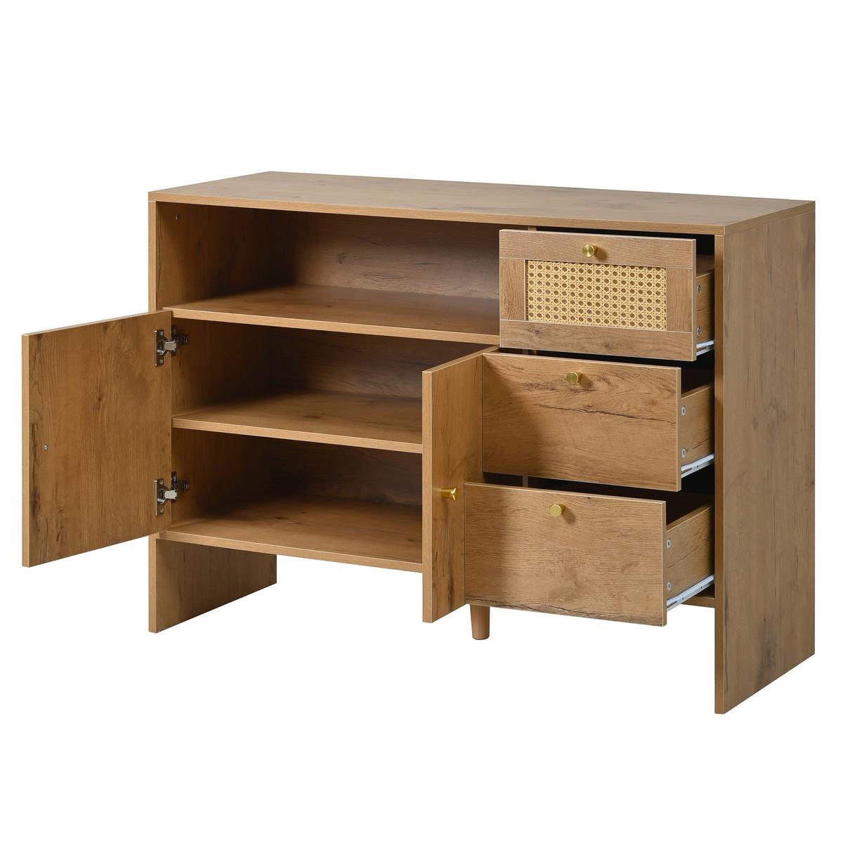 SIDEBOARD holzoptik & rattan mit 3 schubladen & 2 türen - Naturfarben, Holzwerkstoff (105/76/40cm) - Urban Meuble