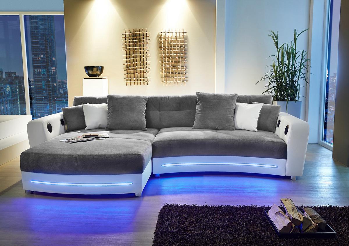 MULTIMEDIA-ECKSOFA Soundsystem RGB-LED Beleuchtung Bluetooth USB AUX-in, seitenverkehrt montierbar B322/T190/H88cm, Kunstleder Weiß-Mikrof.Grau/15410 - Chromfarben/Weiß, Kunststoff/Textil (322/88/190cm) - luma-home
