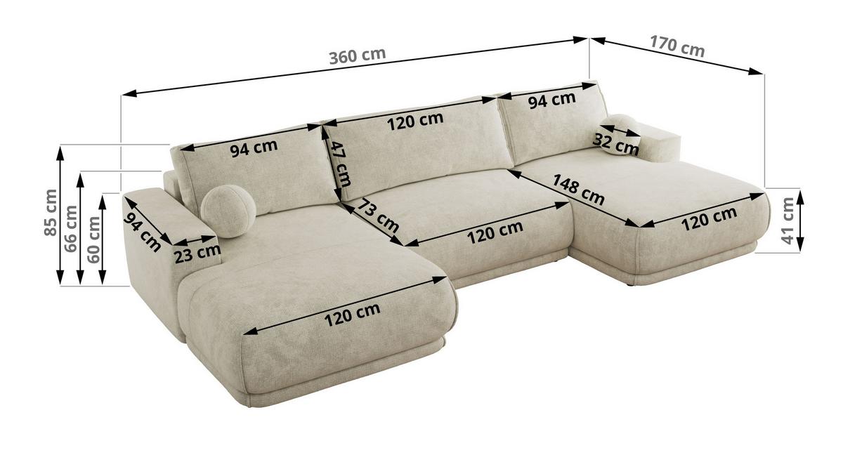WOHNLANDSCHAFT RINA U Creme Schenille grob gewebt - Creme/Schwarz, Kunststoff/Textil (360/85/170cm) - MKS