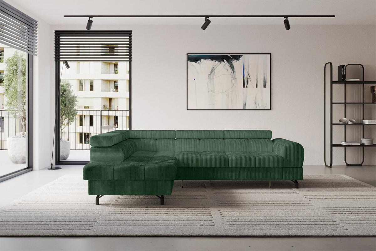 ECKSOFA mit Schlaffunktion Ottomane Links LUMA-L 272x203x70 Grün Cord - Waldgrün/Schwarz, Holzwerkstoff/Kunststoff (272/203cm) - ALTDECOR