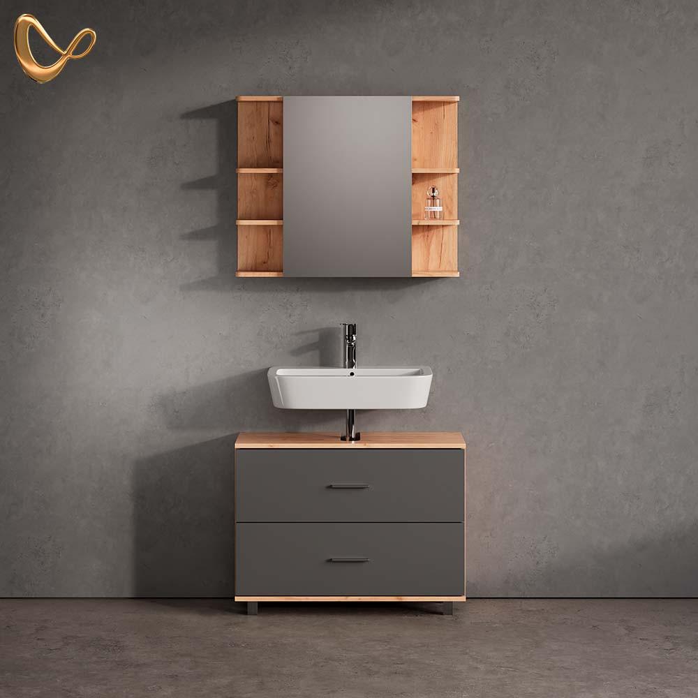 BADMÖBEL-SET Eisak Anthrazit/Goldkraft Eiche 2 Teile, Unterschrank 80 cm - Honigeiche/Anthrazit, Holzwerkstoff (80/60/33cm) - Livinity®