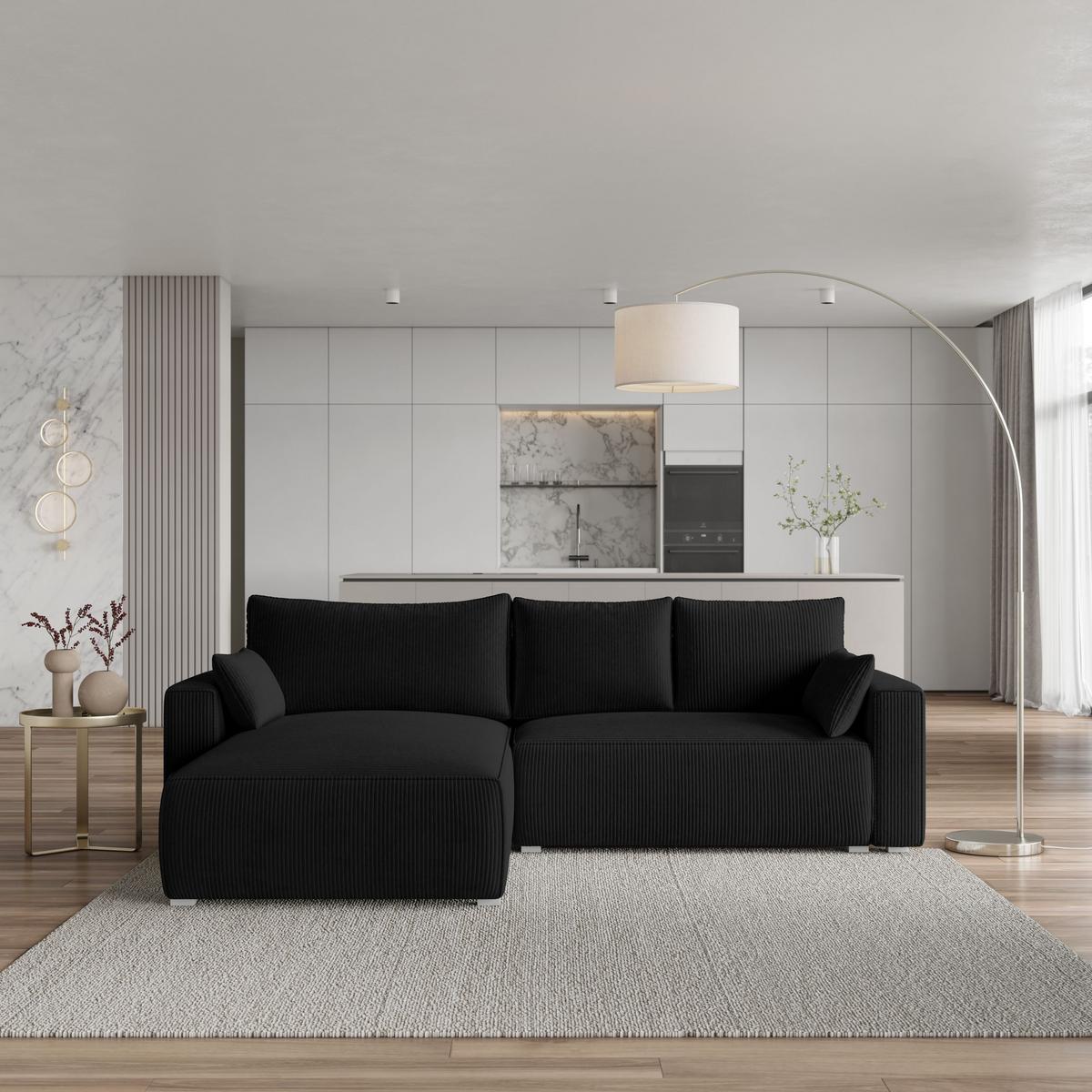 ECKSOFA FORIL P Schwarz Kordstoff mit Schlaffunktion - Schwarz, Holz (265/178cm) - MASSENO
