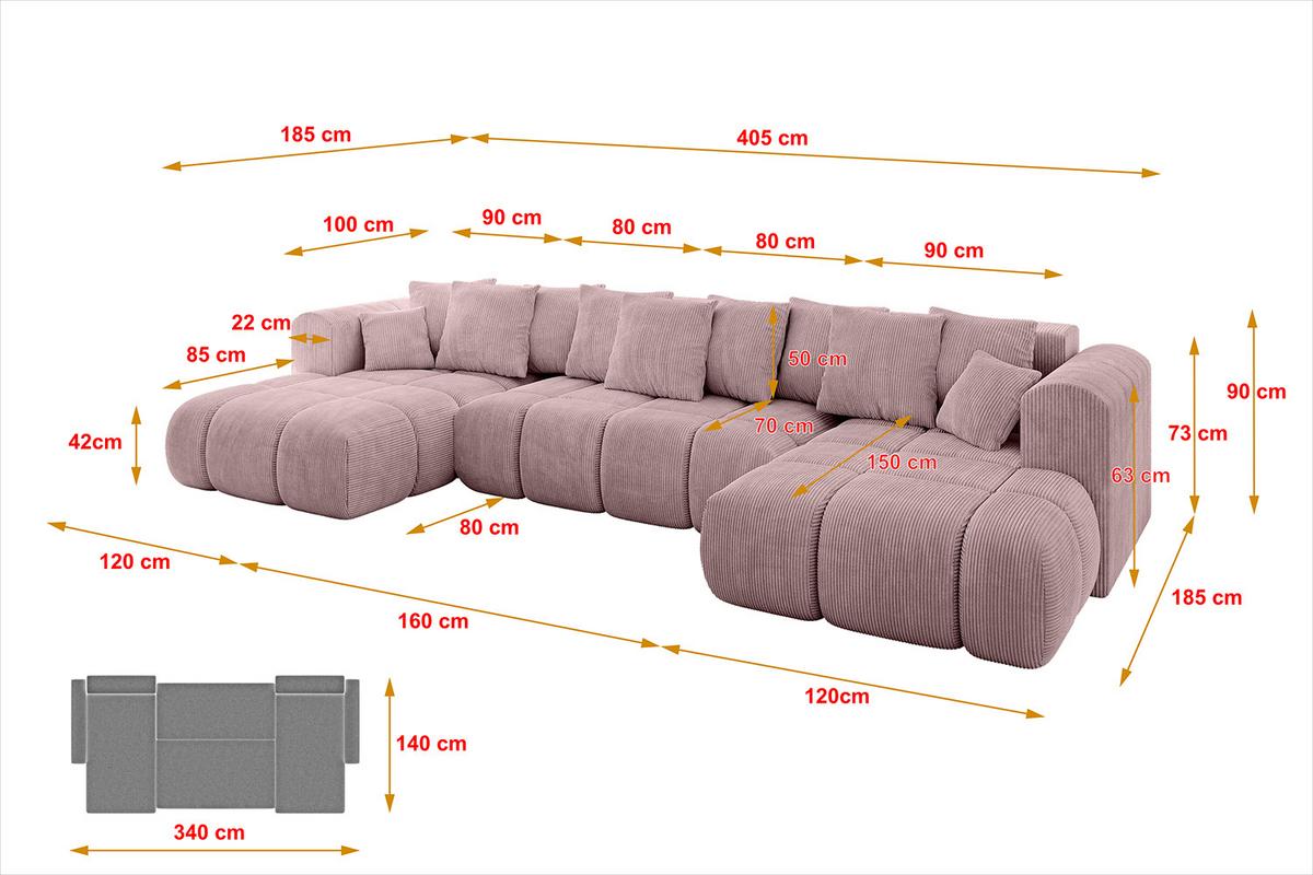 WOHNLANDSCHAFT CLOUD-U-v1 405x185x90 Rosa Cord - Rosa, Holzwerkstoff/Kunststoff (405/90/185cm) - ALTDECOR