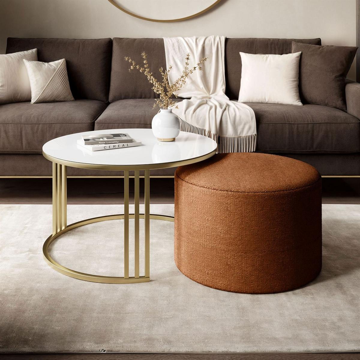 COUCHTISCH mit Hocker LORI GLASS gebürstetes Gold/weißes Glas/Perfect Harmony 52 - Weiß, Metall (70/70/49cm) - Lookway